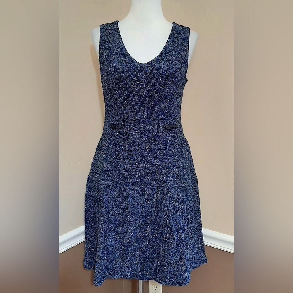ModCloth Dress Blue Black & Metallic Woven Tweed V-Neck Sleeveless Medium Great
